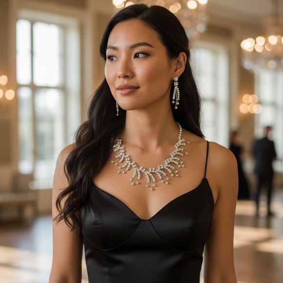 Silver Rhinestone Statement Necklace & Earring Set | NWT - Picture 1 of 5